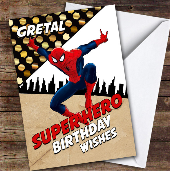 Spiderman City Superhero Wishes Kids Personalised Children's Birthday Card