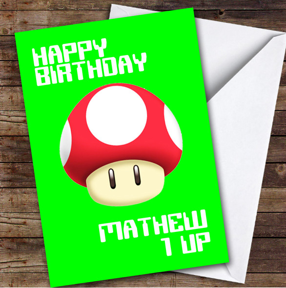 Super Mario Gamer Mushroom 1 Up Kids Personalised Children's Birthday Card