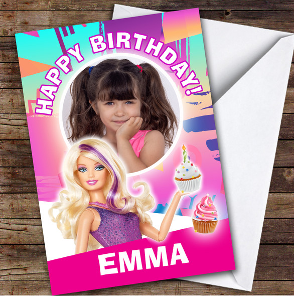 Barbie Happy Photo Girly Cupcake Kids Personalised Children's Birthday Card