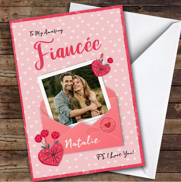 Envelope With Hearts Flowers Photo Fiancée Personalised Valentine's Day Card