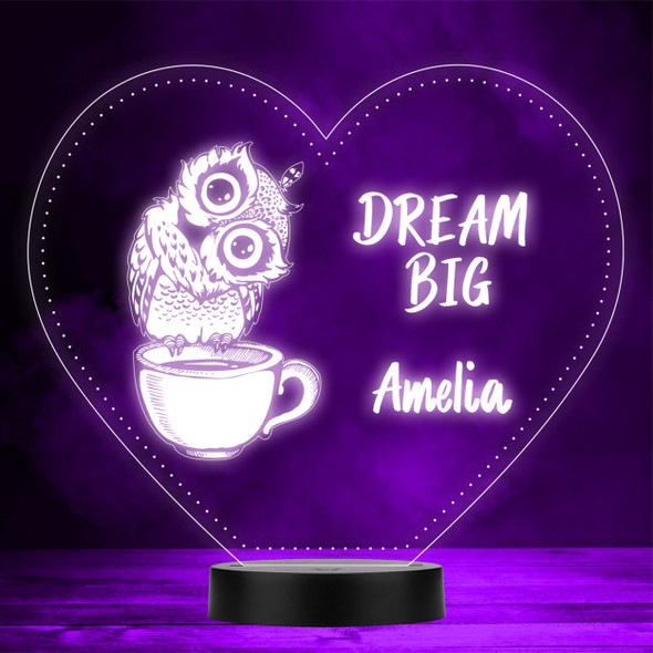 Dream Big Cute Owl In Teacup Heart LED Personalised Gift Night Light