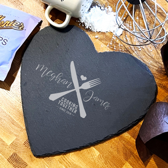 Heart Slate Fork & Knife Cooking Together Since Personalised Serving Board