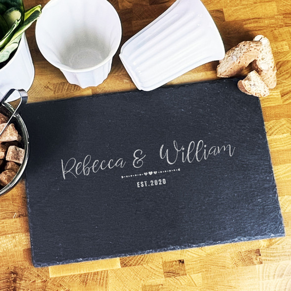 Rectangle Slate Couple Names Established Date Hearts Personalised Serving Board