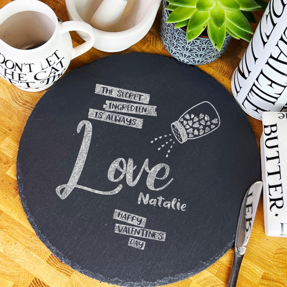 Round Slate Valentine's Day Salt Shaker Love Hearts Personalised Serving Board