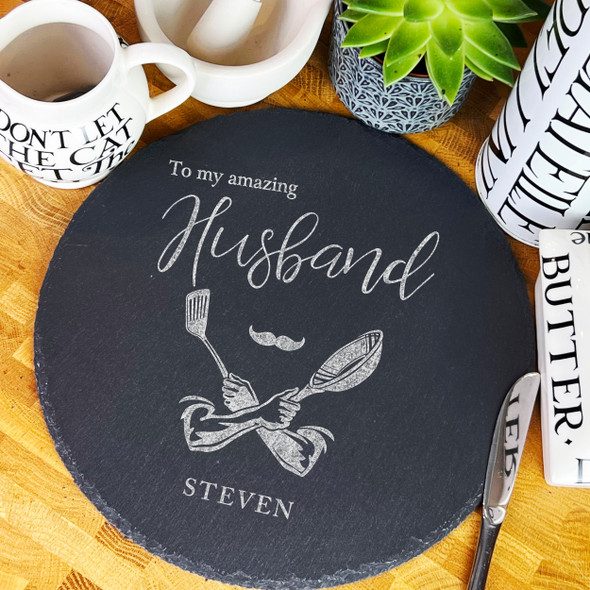 Round Slate Amazing Husband Male Cooking Utensil Personalised Serving Board