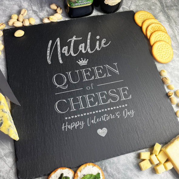 Square Slate Valentine's Day Queen Of Cheese Personalised Serving Board