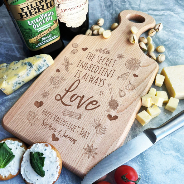 Wood Paddle Valentine's Day Ingredients Love Herbs Personalised Chopping Board