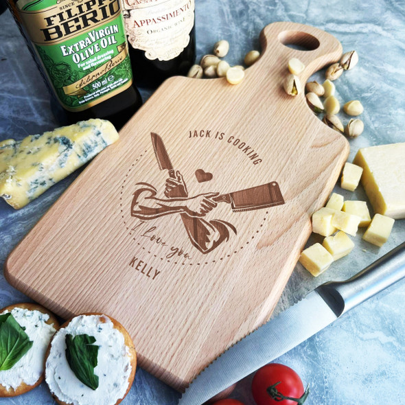 Wood Paddle I Love You Male Hands With The Kitchen Knifes Chopping Board