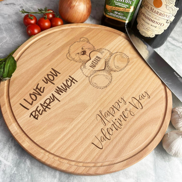 Wood Round Valentine's Day Teddy Bear I Love You Heart Chopping Board