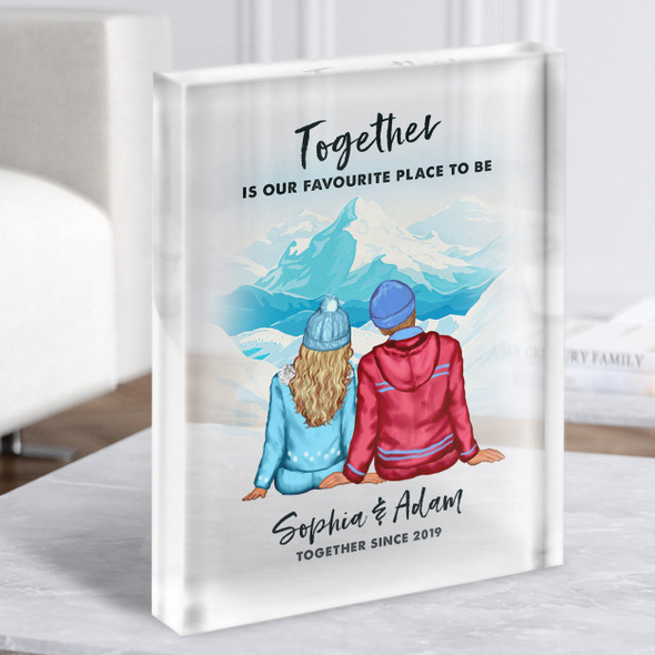Winter Mountain Gift For Him or Her Personalised Couple Clear Acrylic Block