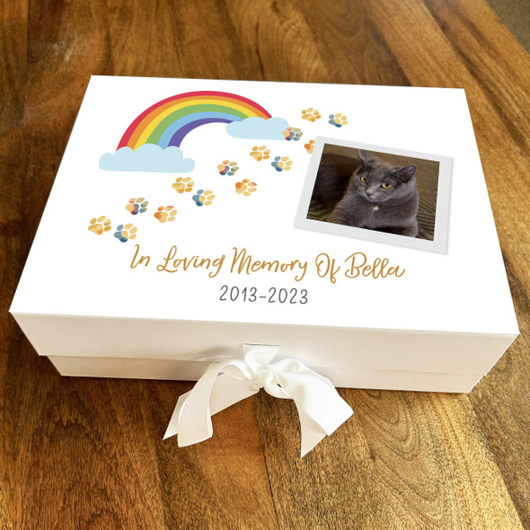 Pet Loss Dog Cat Memorial Rainbow Paw Print Photo Memory Keepsake Box