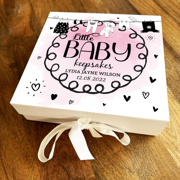 New Baby Shower Washing Line Pink Square Keepsake Memory Hamper Gift Box