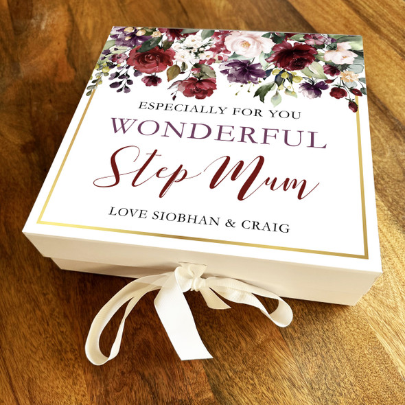 Step Mum Purple Red Floral Personalised Square Keepsake Memory Hamper Gift Box
