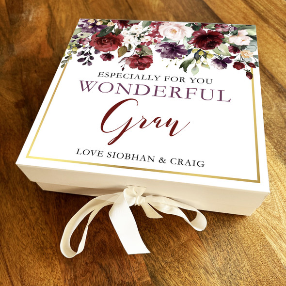 Gran Purple Red Floral Personalised Square Keepsake Memory Hamper Gift Box