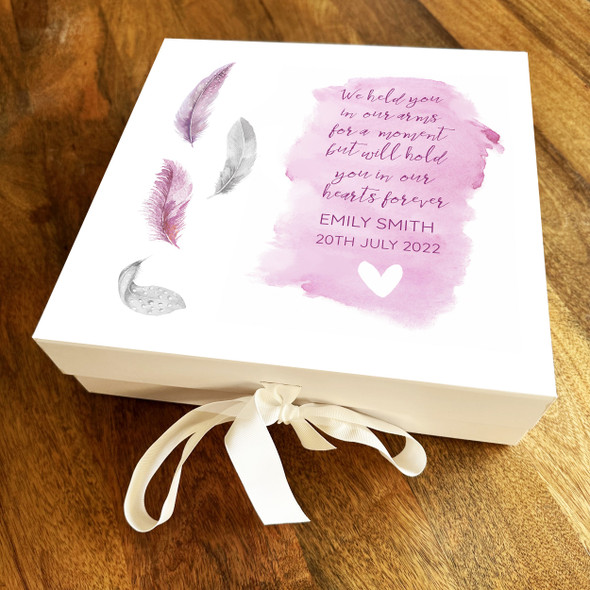 Baby Girl Loss Memorial Pink Feather Miscarriage Square Memory Keepsake Box