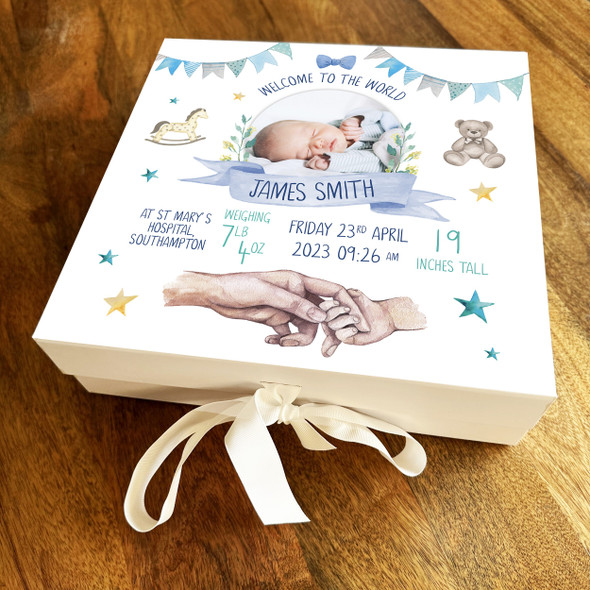 New Baby Shower Boy Birth Details Photo Square Keepsake Memory Hamper Gift Box