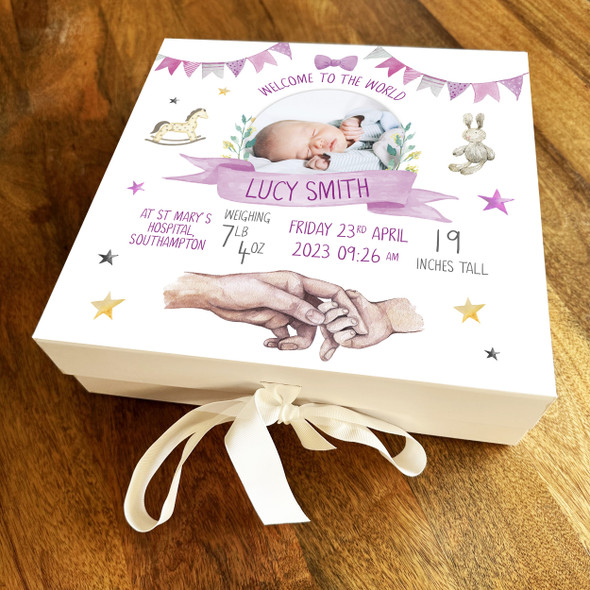 New Baby Shower Girl Birth Details Photo Details Square Keepsake Hamper Gift Box