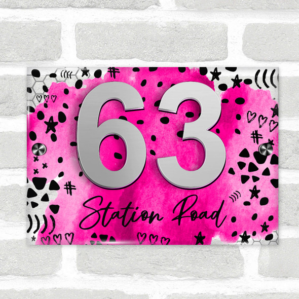 Bright Pink Watercolour  3D Acrylic House Address Sign Door Number Plaque