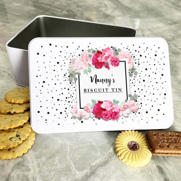 Personalised Black Dots Pink Pretty Roses Nanny's Cake Treat Sweets Biscuit Tin