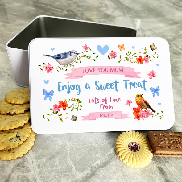 Personalised Love Mum Enjoy A Sweet Birds Nature Biscuit Sweets Cake Treat Tin