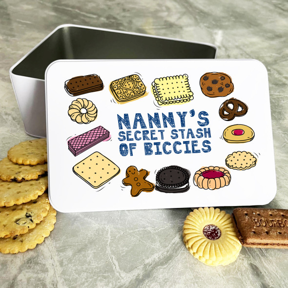 Personalised Nanny's Secret Stash Of Biccies Cake Treat Sweets Biscuit Tin