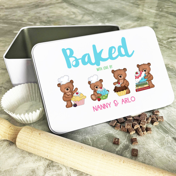 Personalised Baked With Love Cute Bears Nanny Biscuit Baking Sweets Cake Tin