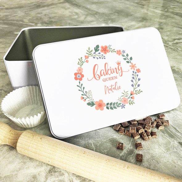 Personalised Peach Floral Wreath Baking Queen Biscuit Baking Sweets Cake Tin