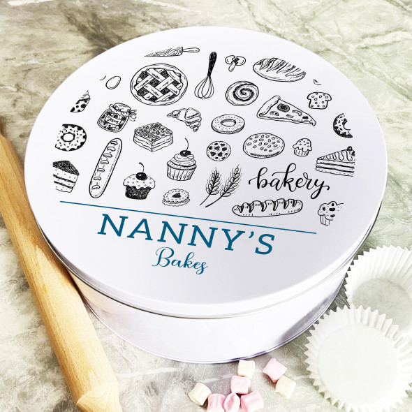 Personalised Round Doodle Nanny Bakery Biscuit Baking Treats Sweets Cake Tin