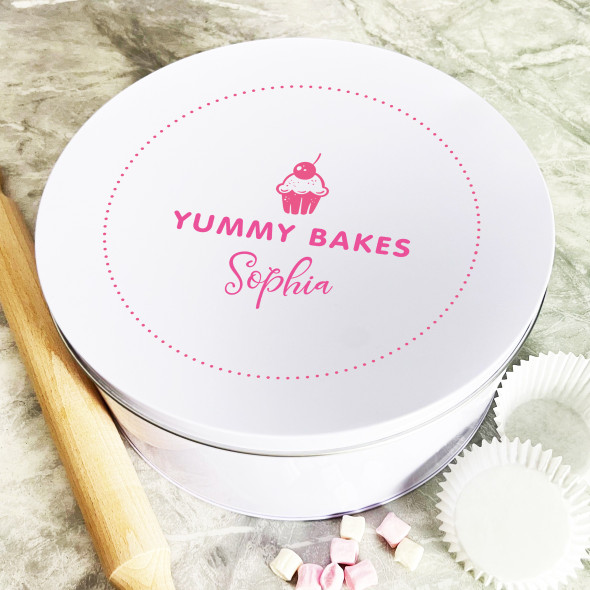 Personalised Round Cherry Yummy Bakes Dots Biscuit Baking Treats Cake Tin