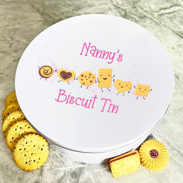 Personalised Round Happy Cookie Characters Nanny's Cake Treat Sweets Biscuit Tin