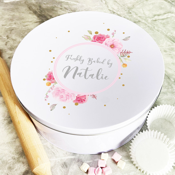 Personalised Round Roses Freshly Baked By Biscuit Baking Treats Sweets Cake Tin