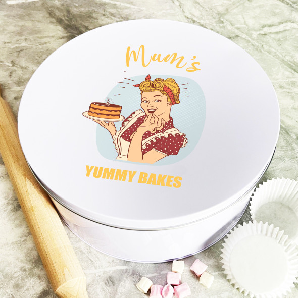 Personalised Round Retro Mums Yummy Bakes Biscuit Baking Sweets Cake Tin