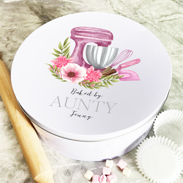 Personalised Round Baked By Aunt Biscuit Baking Treats Sweets Cake Tin