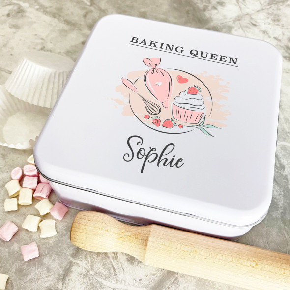 Personalised Square Piping Bag Baking Queen Peach Biscuit Treats Cake Tin