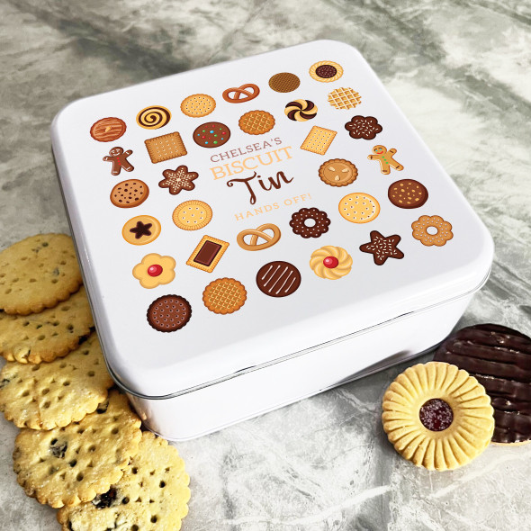 Personalised Square Assorted Biscuit Hands Off Cake Tin