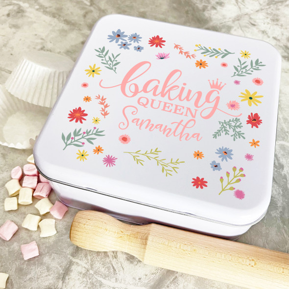 Personalised Square Floral Baking Queen Biscuit Baking Treats Sweets Cake Tin