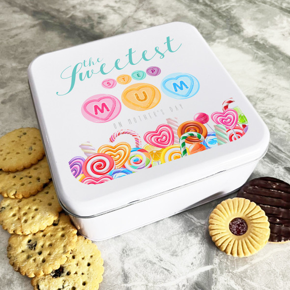 Personalised Square Love Hearts Cake The Sweetest Step Mum Mothers Day Treat Tin