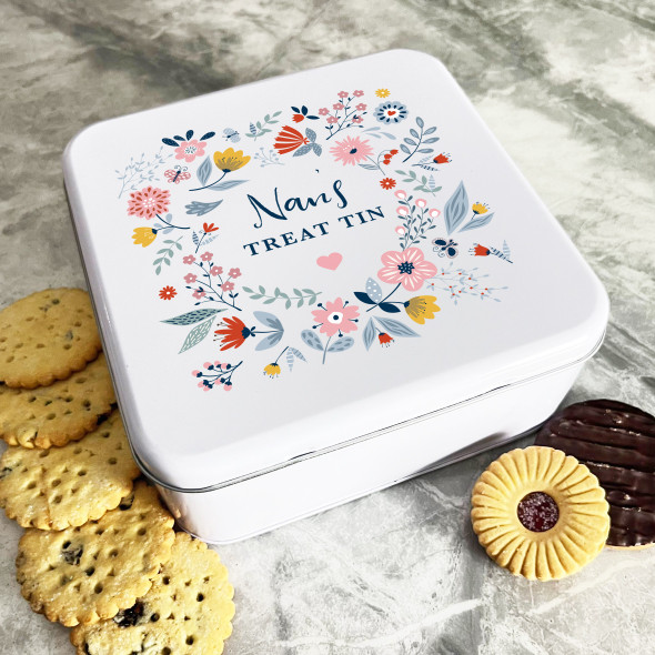 Personalised Square Pastel Blue Floral Wreath Nans Biscuit Sweets Cake Treat Tin