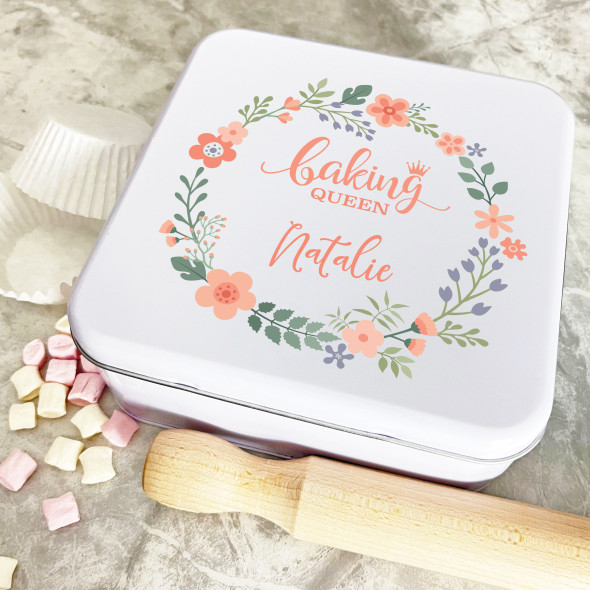 Personalised Square Peach Baking Queen Biscuit Baking Sweets Cake Tin