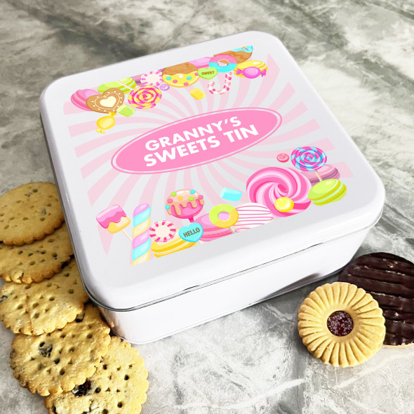 Personalised Square Lollipops Grannys Sweeties Biscuit Cake Treat Tin