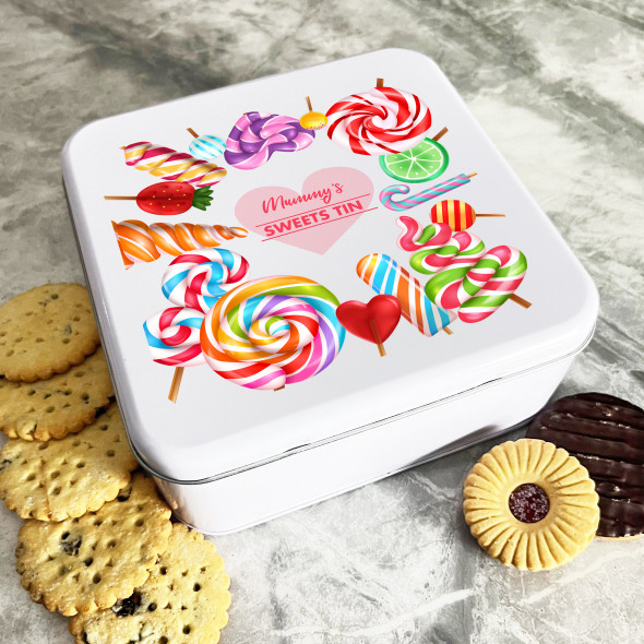 Personalised Square Rainbow Lollipops Mummys Biscuit Sweets Cake Treat Tin