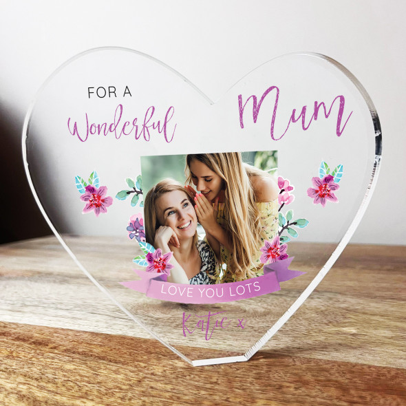 Wonderful Mum Floral Photo Clear Heart Shaped Personalised Acrylic Gift