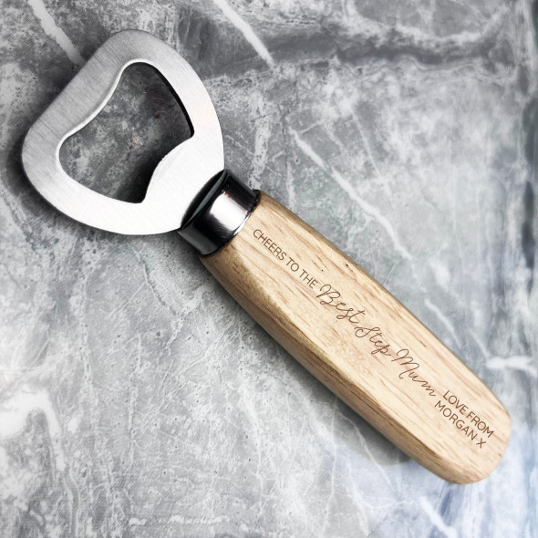 Cheers To The Best Step Mum Personalised Gift Engraved Wooden Bottle Opener