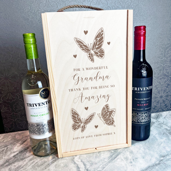 Wonderful Grandma Butterfly Personalised Gift Rope Double Wine Bottle Box