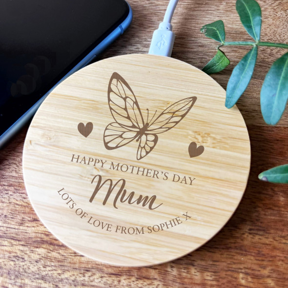 Mum Mother's Day Butterfly Personalised Gift Round Wireless Pad Phone Charger