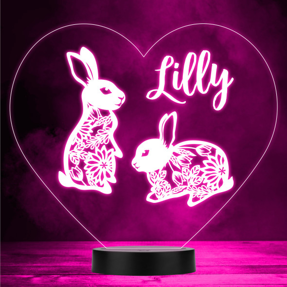 Silhouette Of Floral Rabbits Heart Led Lamp Personalised Gift Night Light