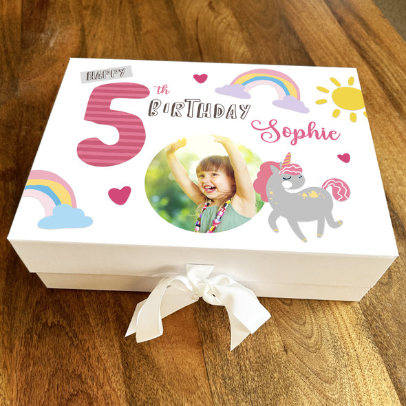 Unicorn Photo Girl Pink Rainbow Child Age Personalised Birthday Gift Box