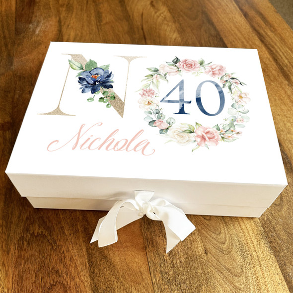 Pink White Peach Floral Inital Gold Any Age 40th Personalised Birthday Gift Box