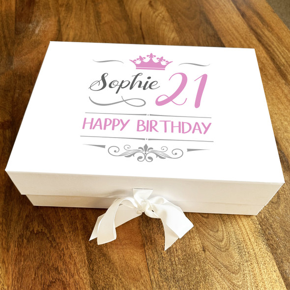 Crown Pink Silver Queen Any Age 21st Personalised Keepsake Birthday Gift Box