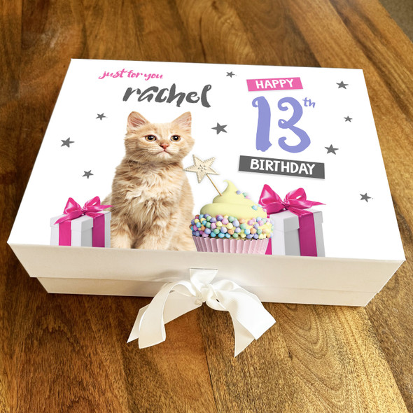 Ginger Cat Cupcake Pink Any Age Personalised Keepsake Birthday Gift Box